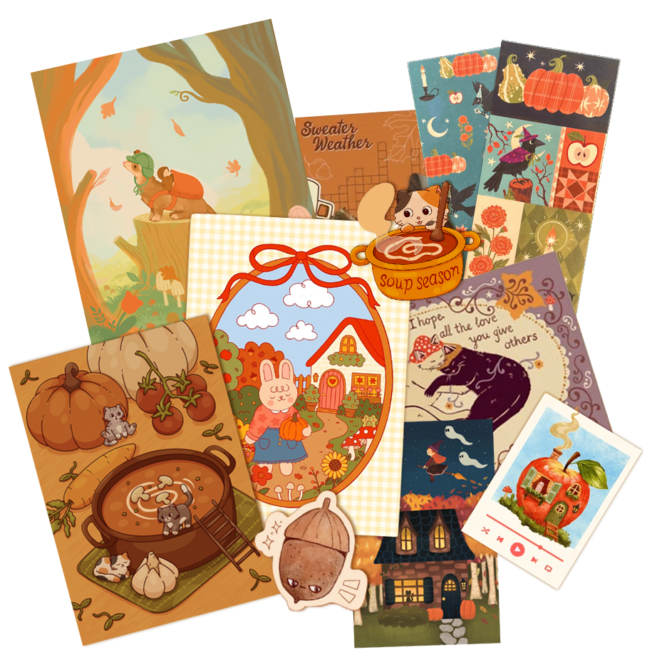 Monthly mail club box with postcards, stickers, and happy mail